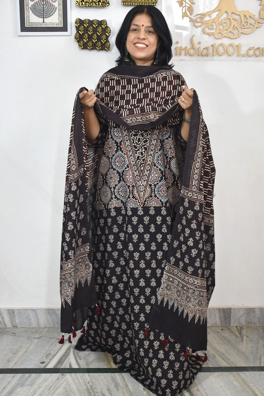 Block Print Ajrakh Cotton Suit with designer Ajrakh neck yoke /panel & Dupatta