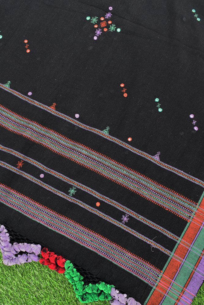 Elegant Handwoven Organic Kala Cotton Bhujodi Dupatta with Mirror , Miri Work and Tassels