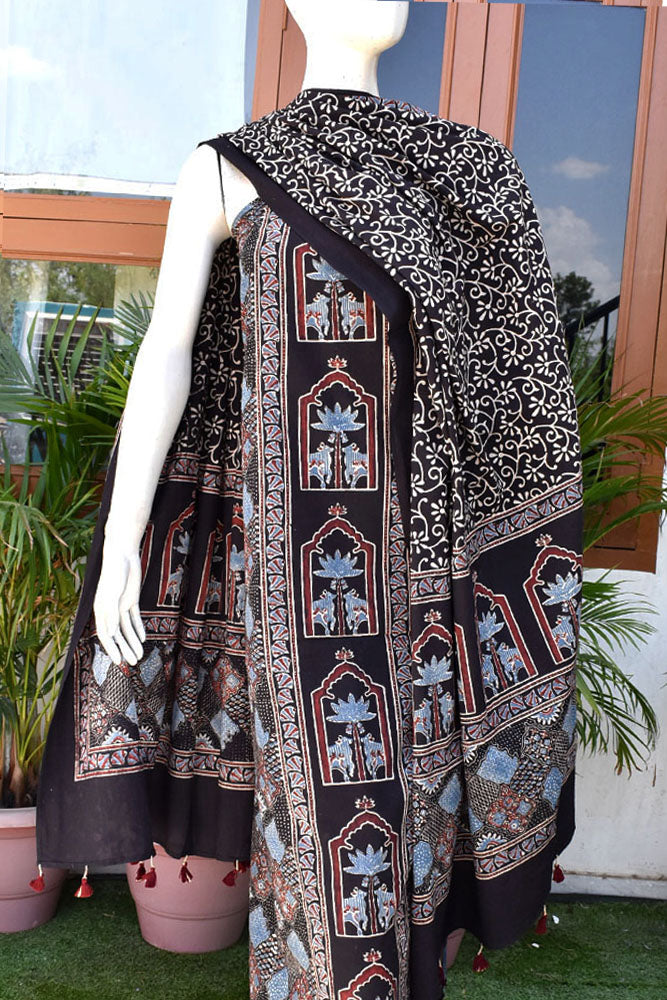 Hand Block Print Ajrakh Cotton Suit with designer Ajrakh neck yoke pattern