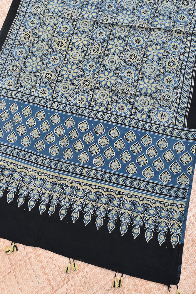 Ajrakh Hand Block Printed Cotton Dupatta with Tassels with natural dyes