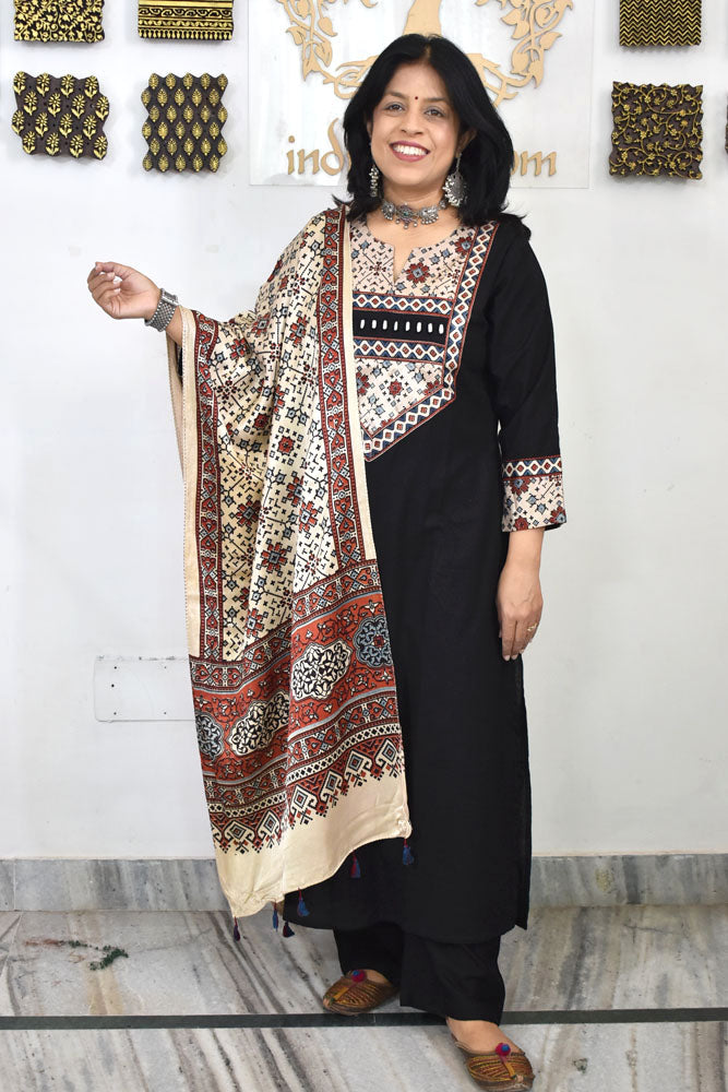Designer Cotton suit with Ajrakh Mashru patch & mirror work & Ajrakh stole - Size 38 to 46 ( all sizes)