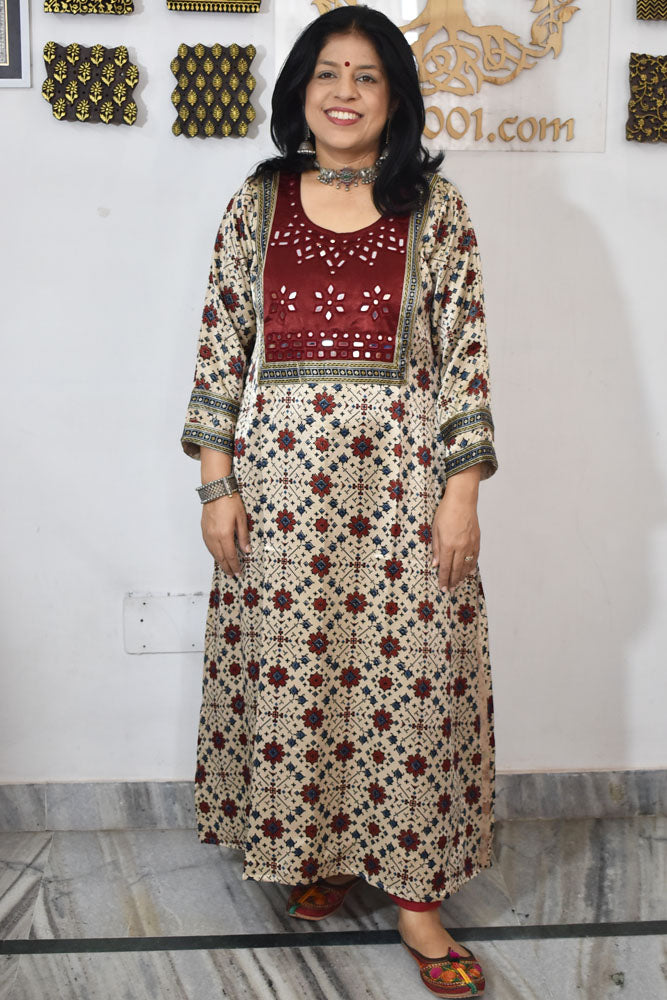 Beautiful Mashru Silk Kurta with Ajrakh block print & Kutch mirror work - Size 38 - 48