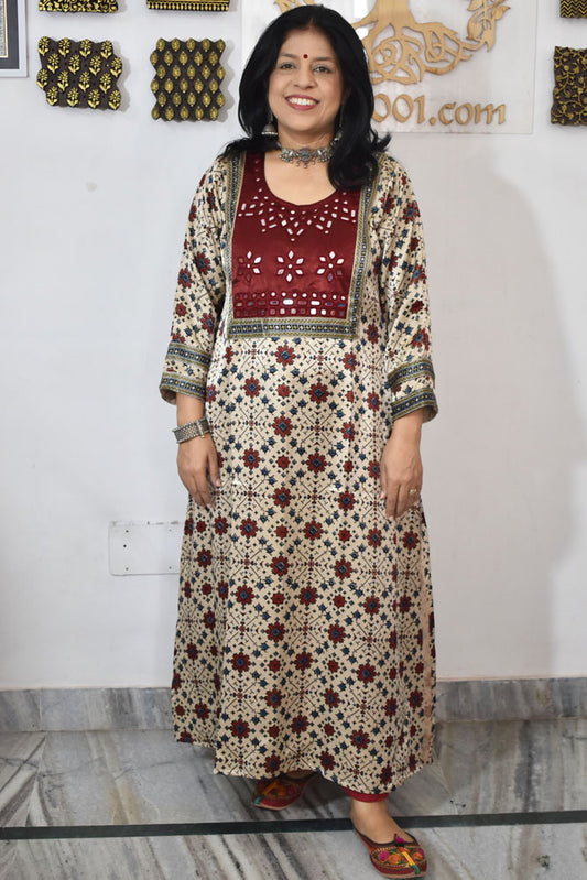 Beautiful Mashru Silk Kurta with Ajrakh block print & Kutch mirror work - Size 38 - 48