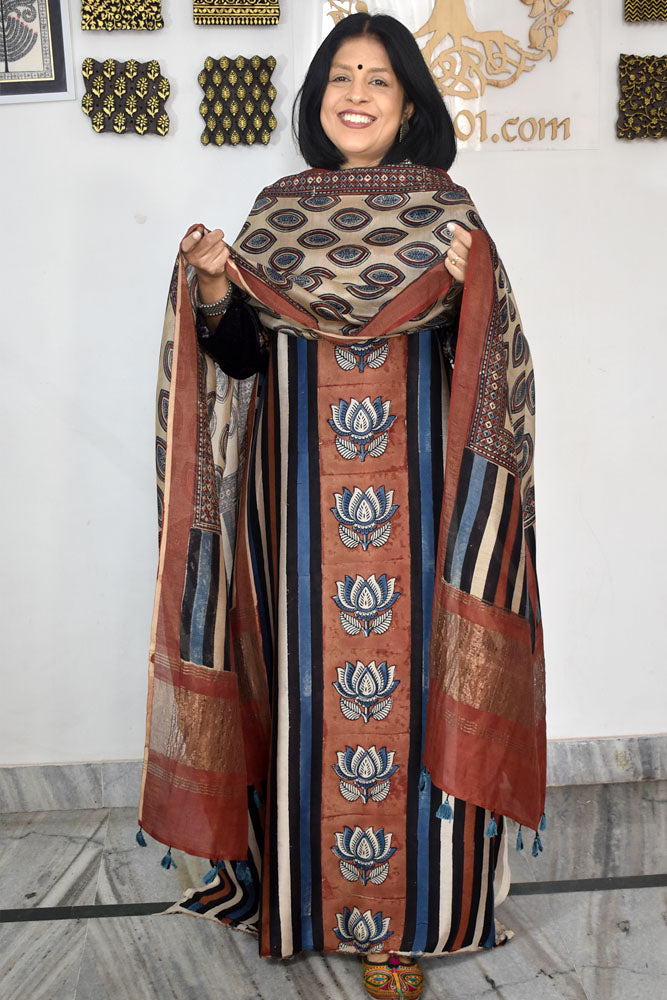 Beautiful Hand Block printed Kutch Ajrakh Chanderi Kurta and Lagdi patta dupatta set