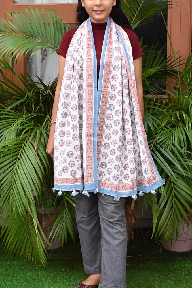Elegant Hand block printed Cotton stole with cloth tassels