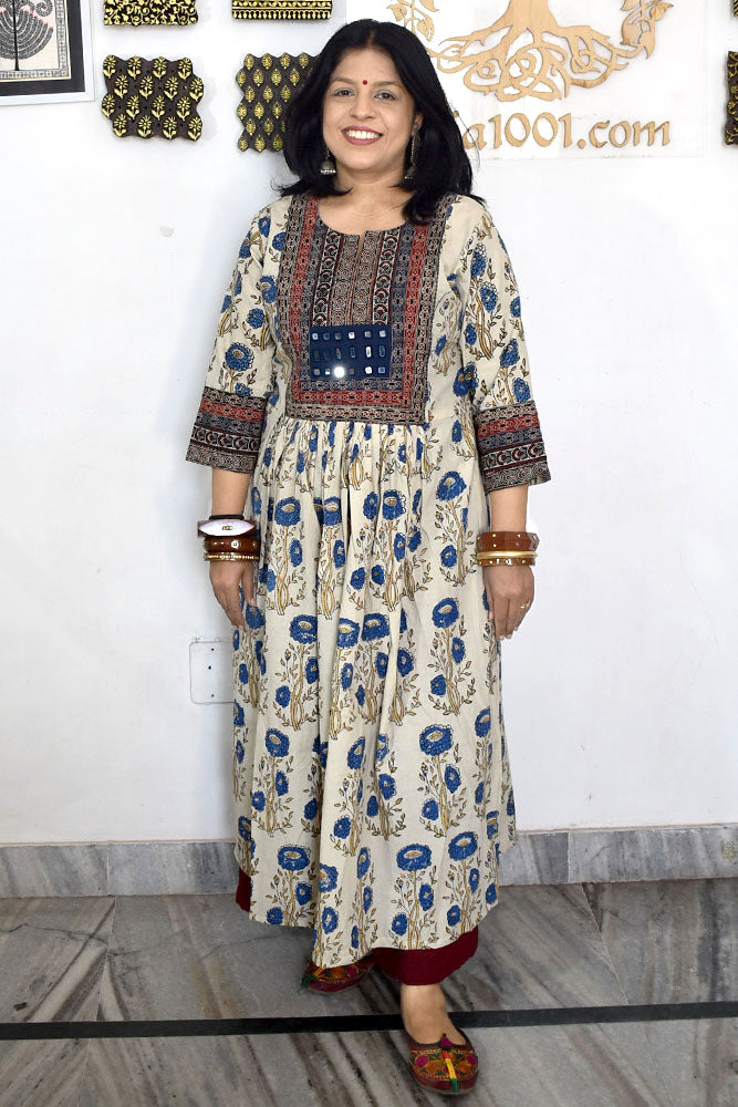 Designer Hand Block Printed Ajrakh cotton Kurta With Mirror Work - Size 38 to 46 ( all sizes)
