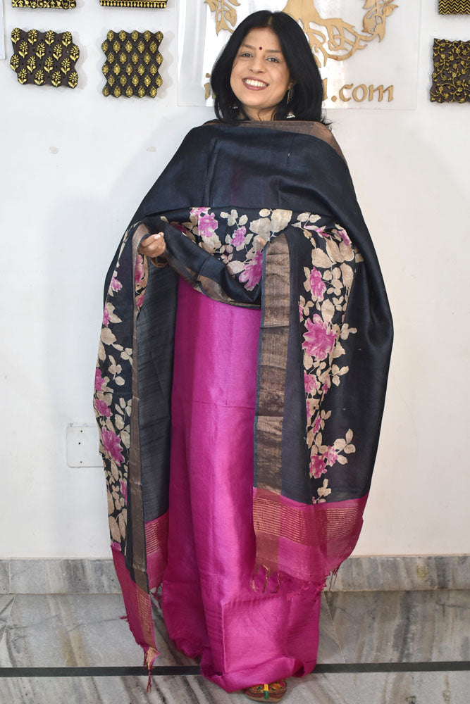 Beautiful Hand Block printed Tussar Silk Kurta Dupatta Set