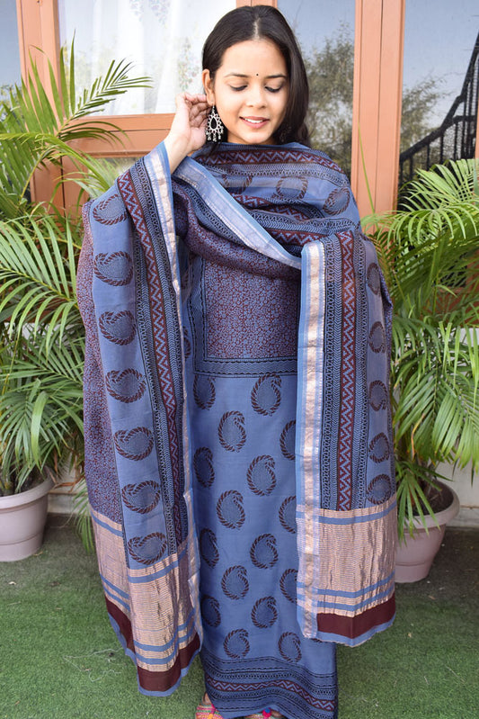 Bagh Hand Block Printed unstitched 3 pcs Maheshwari suit fabric with Placement block print & Zari borders & Palla from MP