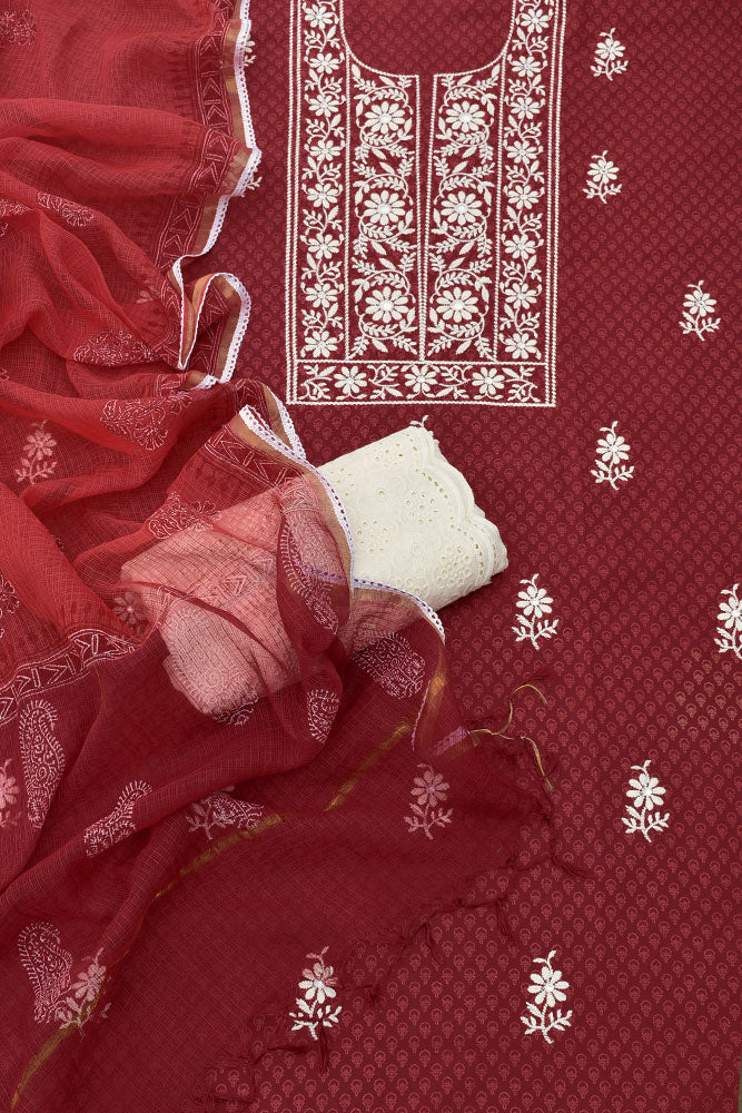 Beautiful Cotton Unstitched Suit Fabric with Embroidery work, Lace Detailing, Schiffli work bottom & & Kota Dupatta dupatta