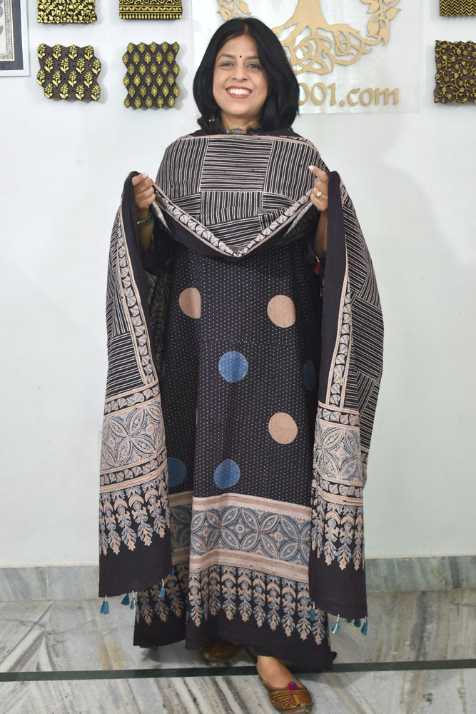 Block Print Ajrakh Cotton Suit with designer Ajrakh neck yoke /panel & Stole