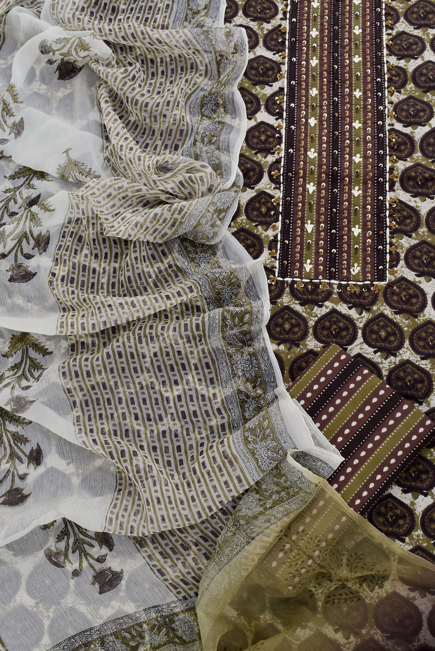 Premium Dabu Ajrakh Cotton Unstitched Suit with Intricate Hand Embroidery, mirror & sequin work & chiffon dupatta