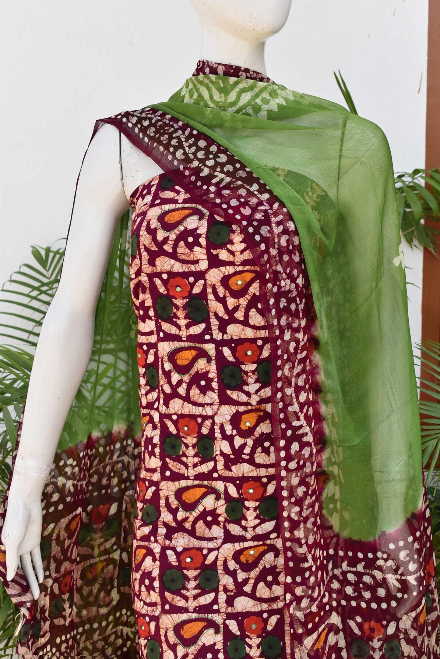 Wax Batik Work Cotton Unstitched Suit Fabric with foil mirror, embroidery & chiffon dupatta
