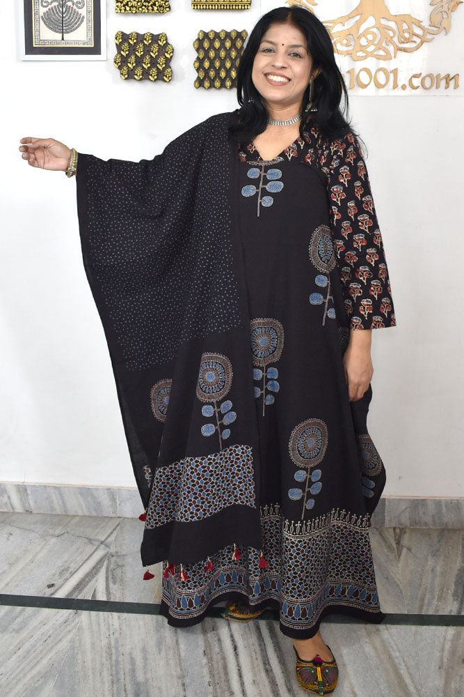 Designer Ajrakh Cotton kurta with Stole & Cotton Bottom - 3 piece set
