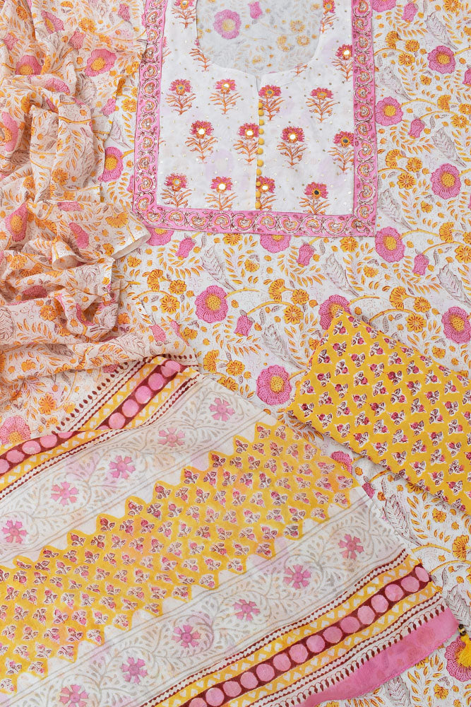 Beautiful Cotton Unstitched Suit Fabric with Embroidery, sequin & mirror work & Mul cotton dupatta