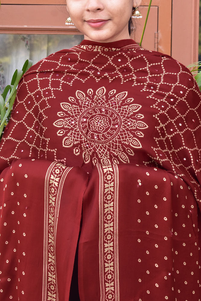 Elegant Modal Silk Dupatta with Bandhani Print & Foil Mirror Work