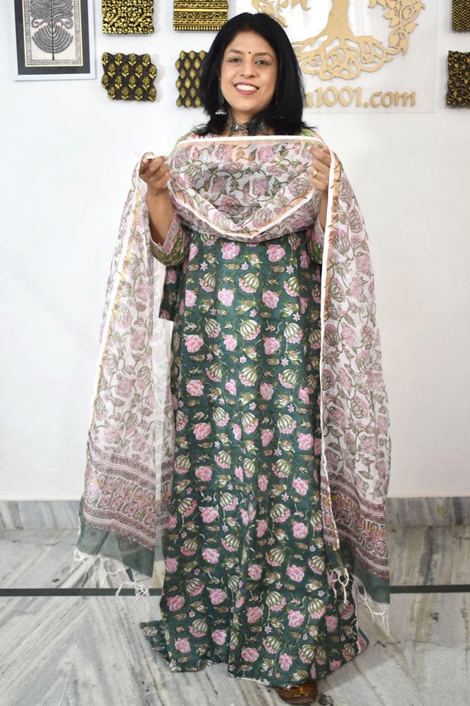 Beautiful Hand Block Printed Cotton unstitched suit fabric with Kota Doria Dupatta