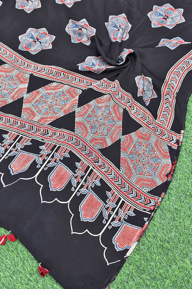 Elegant Modal Silk Ajrakh Block Print Dupatta with tassels