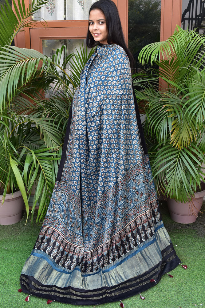 Elegant Modal Silk Ajrakh Block Print Dupatta with zari lagdi patta palla & Tassels