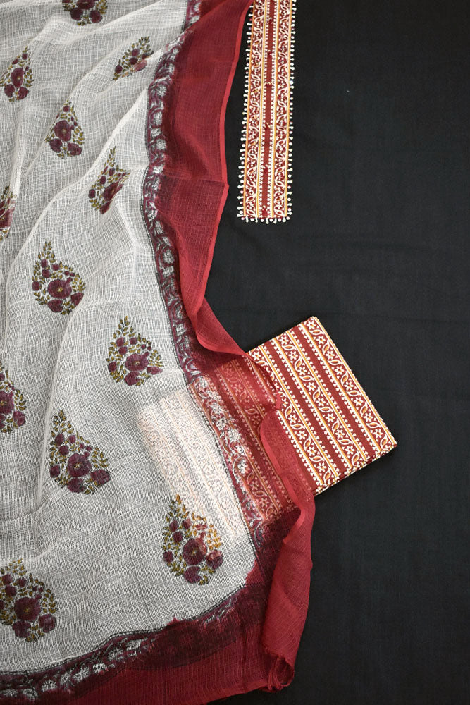 Beautiful Cotton Unstitched Suit with Neck patch, Intricate Hand Embroidery & Block print Kota dupatta