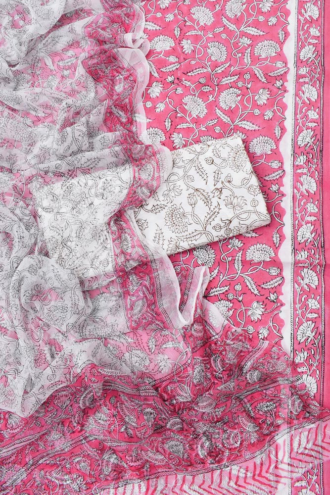 Hand Block Printed Cotton unstitched suit fabric with Chiffon dupatta