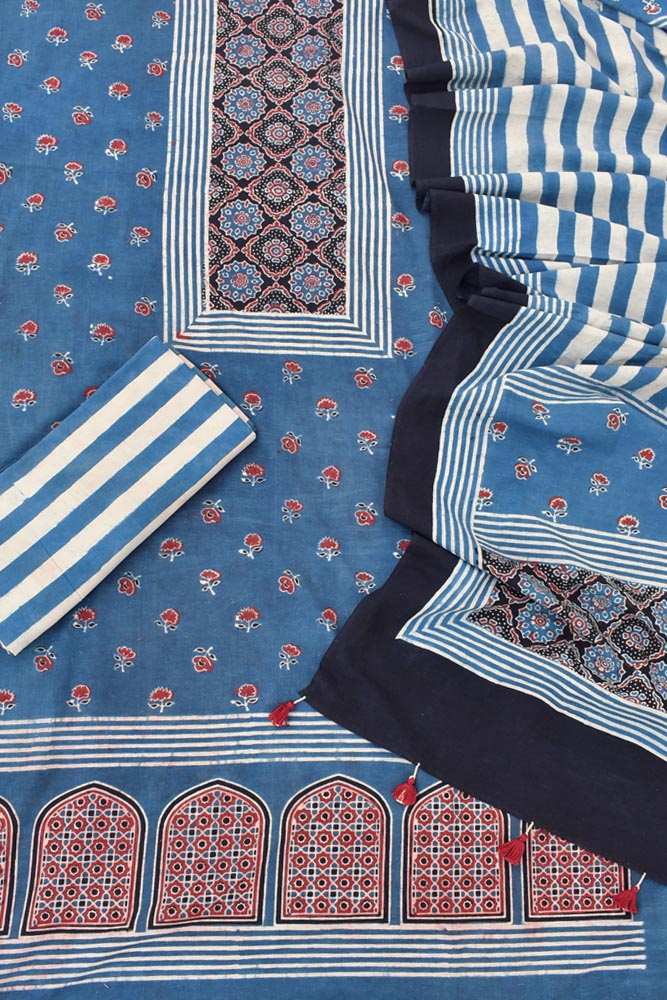 Hand Block Print Ajrakh Cotton Suit with designer Ajrakh neck yoke pattern