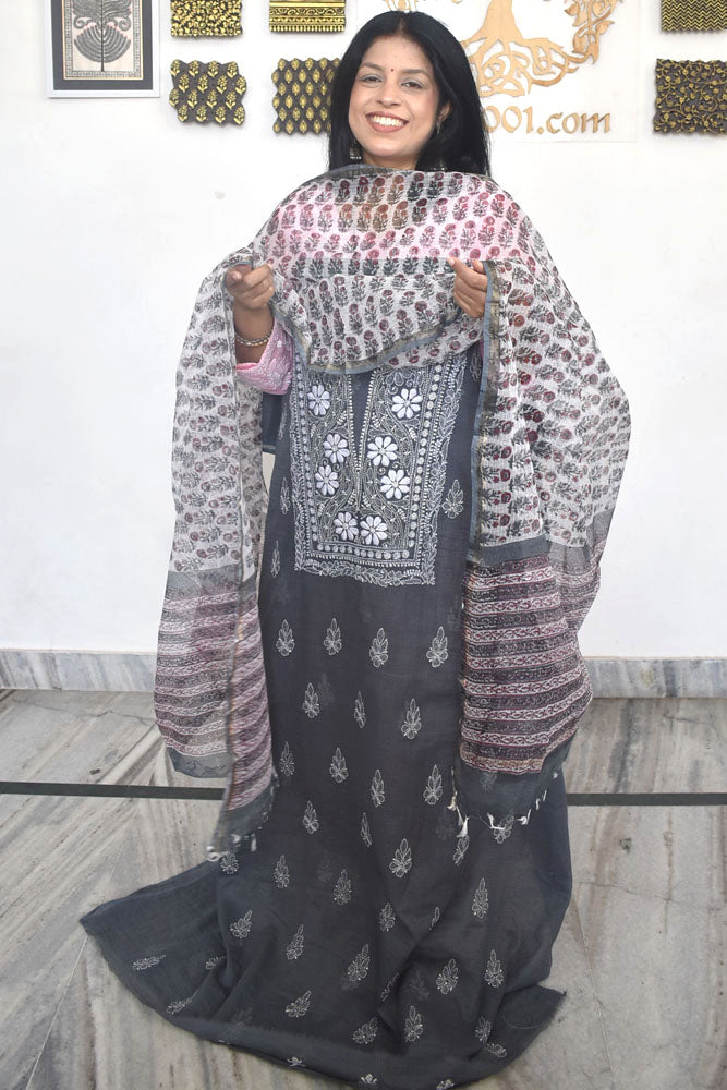 Elegant Lucknowi Chikankari Hand Embroidery work & Block print Dupatta - 2 pc set