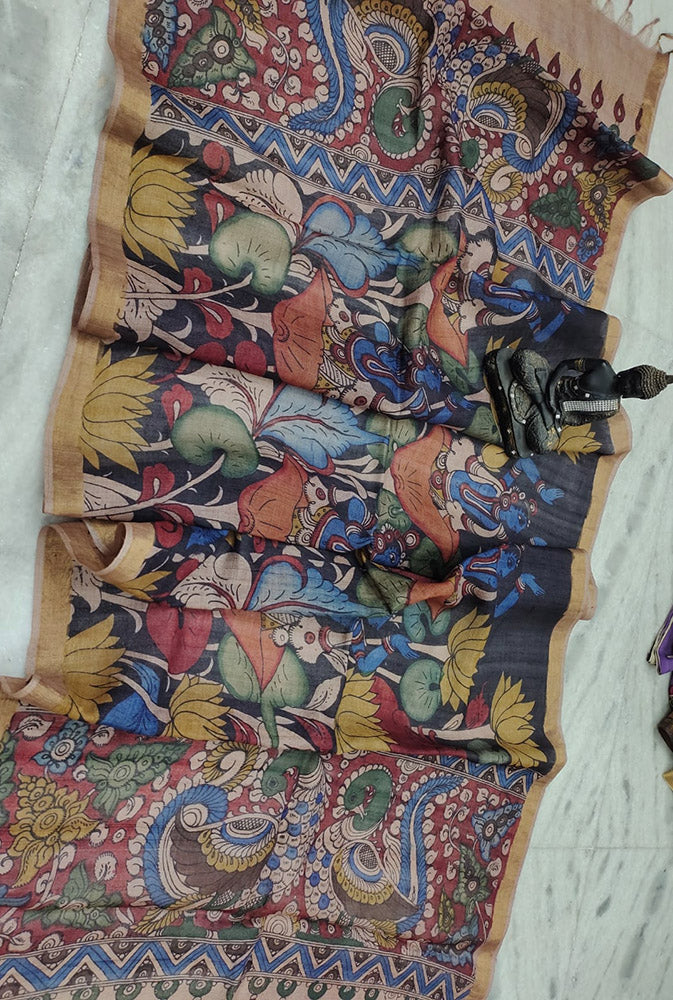 Earthy Hand Painted Kalamkari Desi Tussar Silk Dupatta