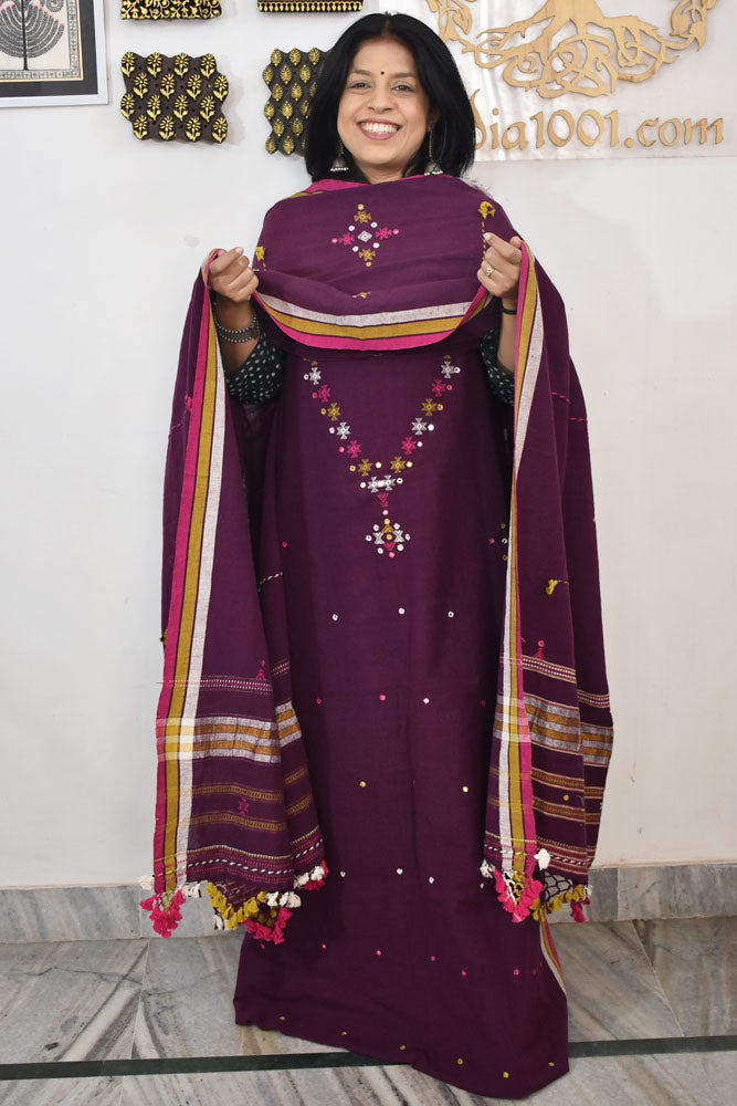 Premium Handwoven Kala Cotton Bhujodi suits with Mirror and Miri work - 3 pc set