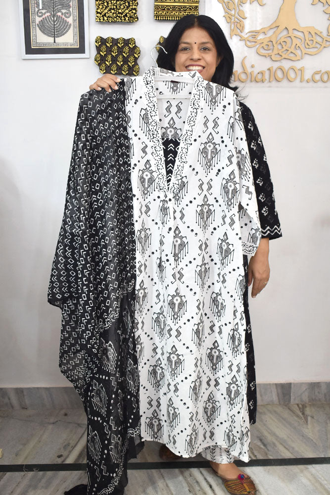 Beautiful Hand Block print Cotton suit with Full width Chiffon Dupatta