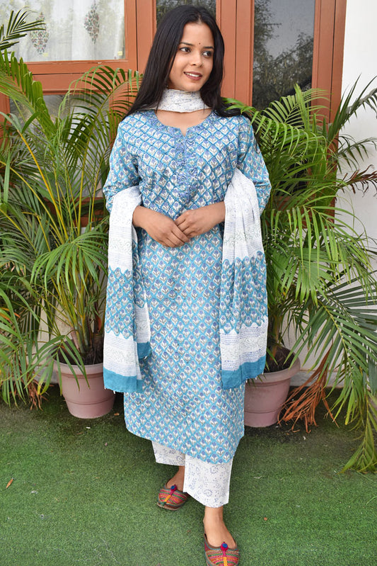 Hand Block Printed Cotton suit with Hand Embroidery - Kurta , Cotton Dupatta & Pant - 40, 42, 44