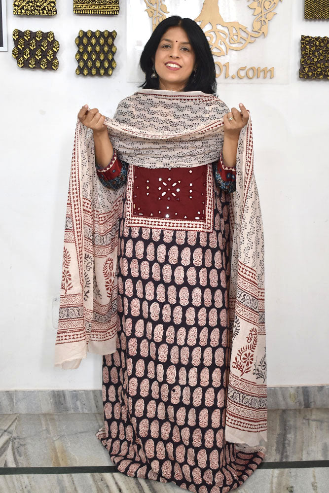 Bagh Hand Block Printed unstitched 3 pc Cotton suit fabric with Kutch Mirror Work