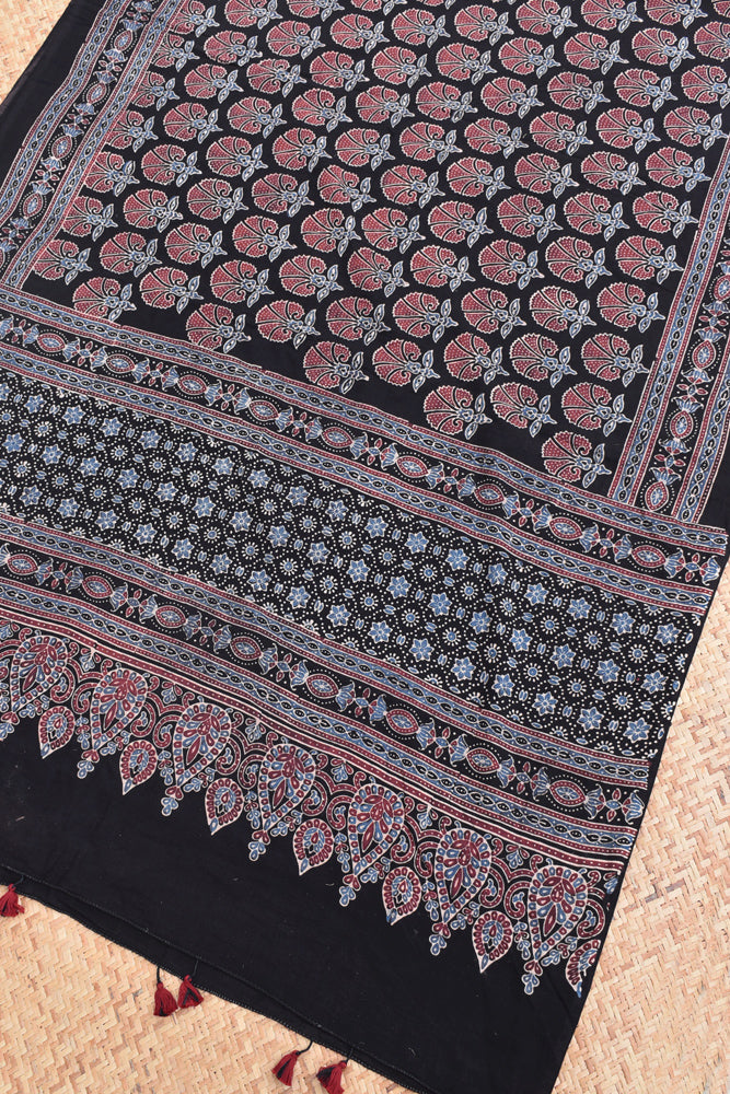 Ajrakh Hand Block Printed Cotton Dupatta with Tassels with natural dyes