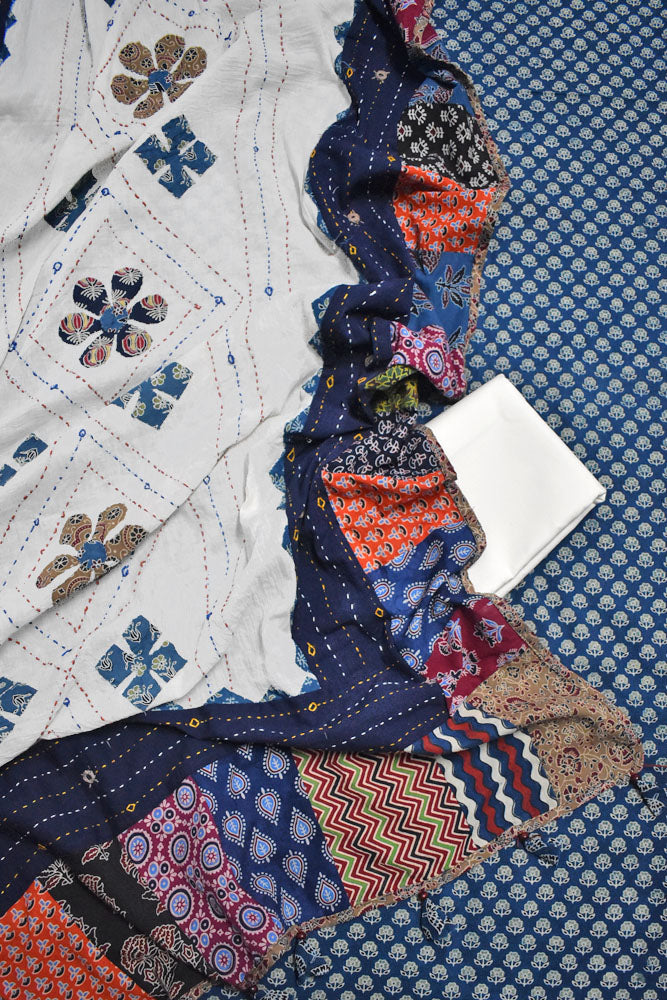 Beautiful Ajrakh Cotton Unstitched Suit with Heavy Applique, Mirror, Kantha & Patch Work dupatta with Tassels