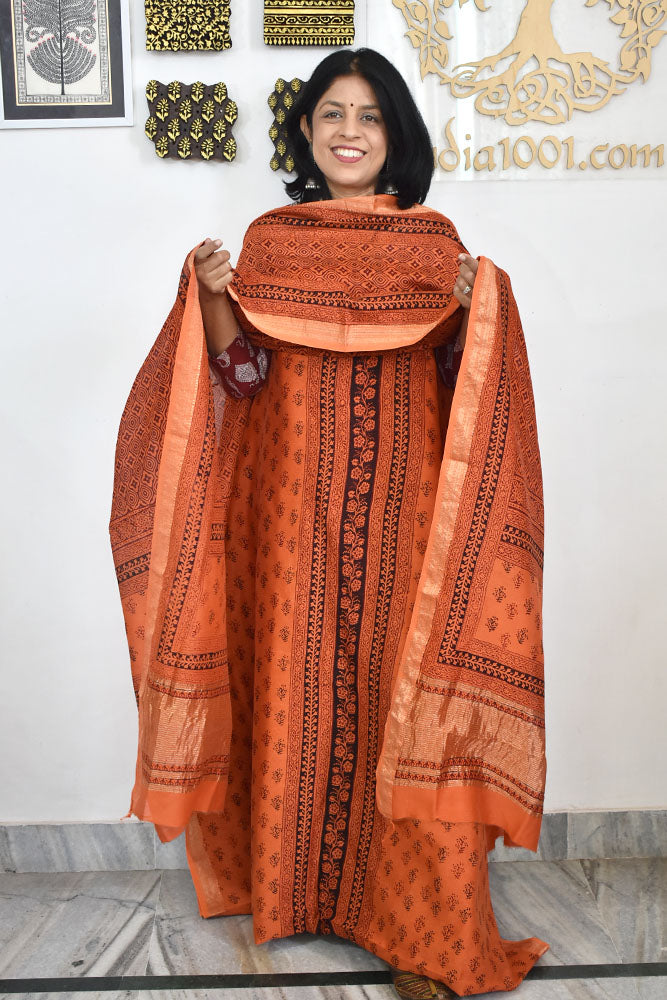 Bagh Hand Block Printed unstitched 3 pcs Handwoven Maheshwari suit fabric with Zari borders & Lagdi ( zari palla )