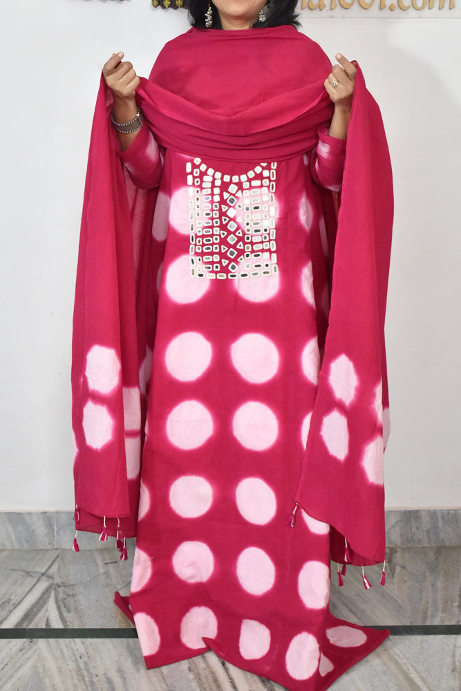 Tie & Dye Clamp Dyed cotton Unstitched Suit with Kutch Mirror work