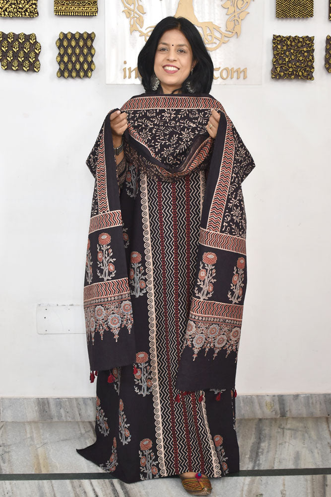 Block Print Ajrakh Cotton Suit with designer Ajrakh neck yoke /panel & Long Stole