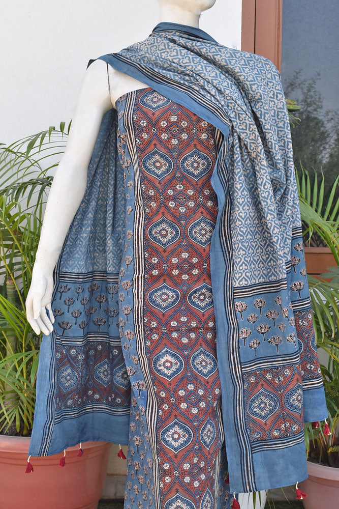 Hand Block Print Ajrakh Cotton Suit with designer Ajrakh neck yoke pattern