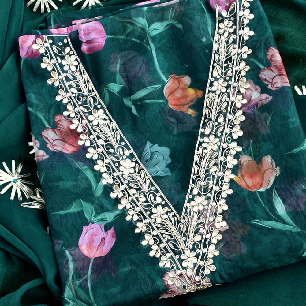 Beautiful Organza unstitched suit fabric with Gota Patti Work, Hand embroidery & Chiffon dupatta with Gota Work