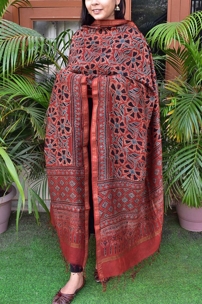 Elegant Ajrakh Hand Block Print Chanderi Dupatta