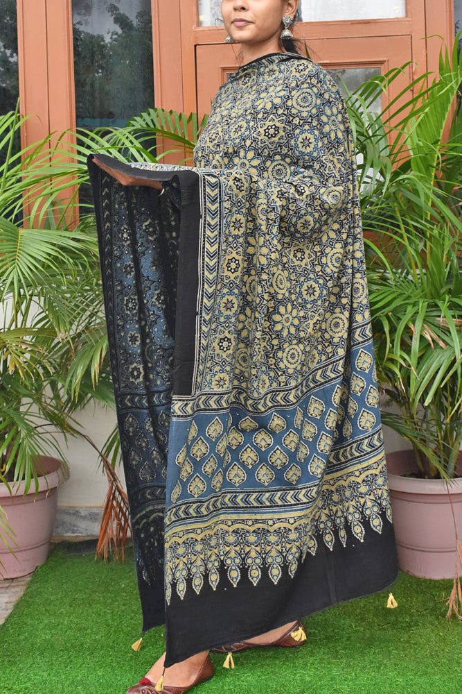 Ajrakh Hand Block Printed Cotton Dupatta with Tassels with natural dyes