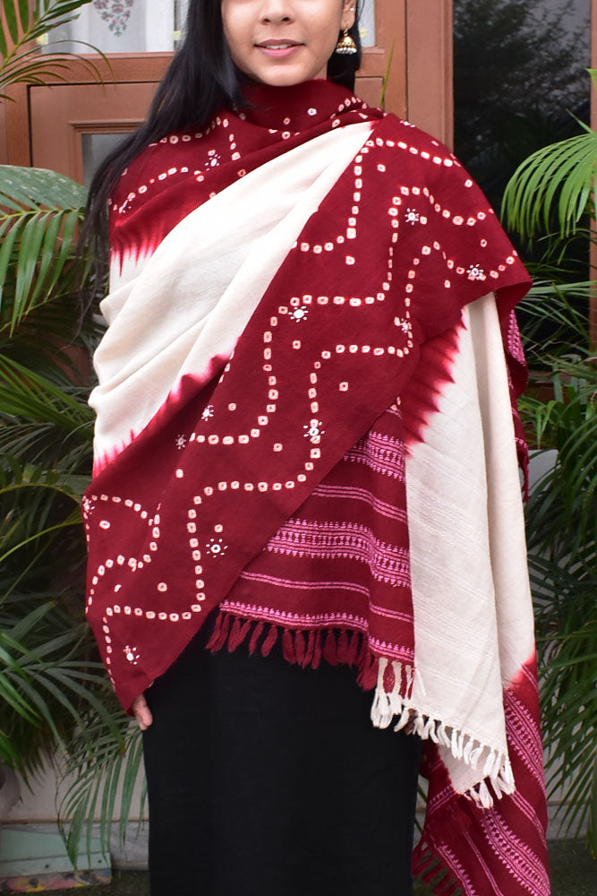 Kutch Handwoven Mirror Work Bandhani Pure Wool Shawl