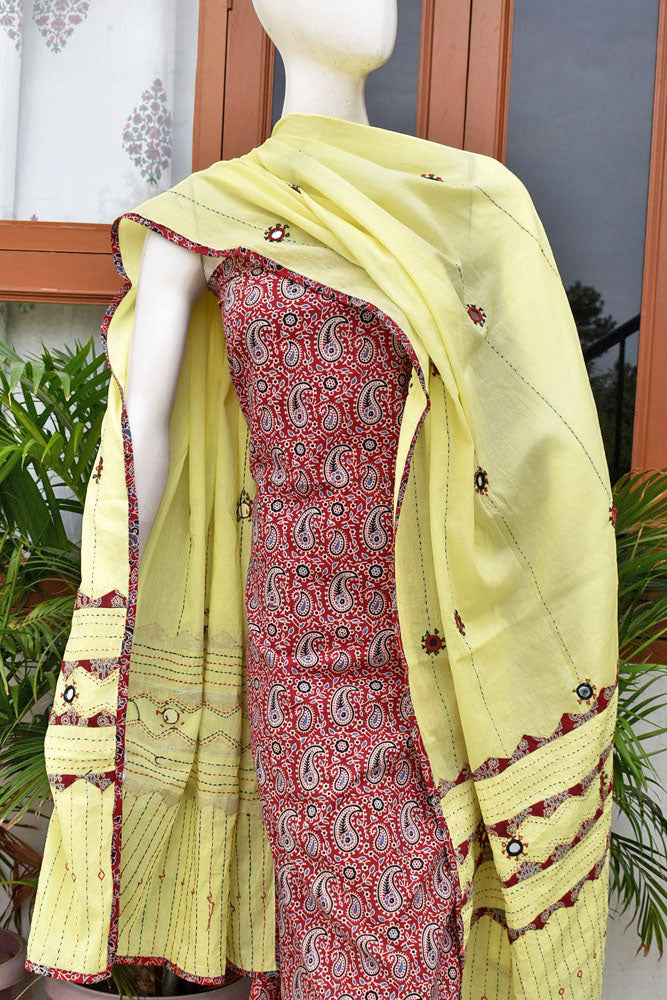 Beautiful Ajrakh Cotton Unstitched Suit with Real Mirror, Kantha & Applique Work dupatta