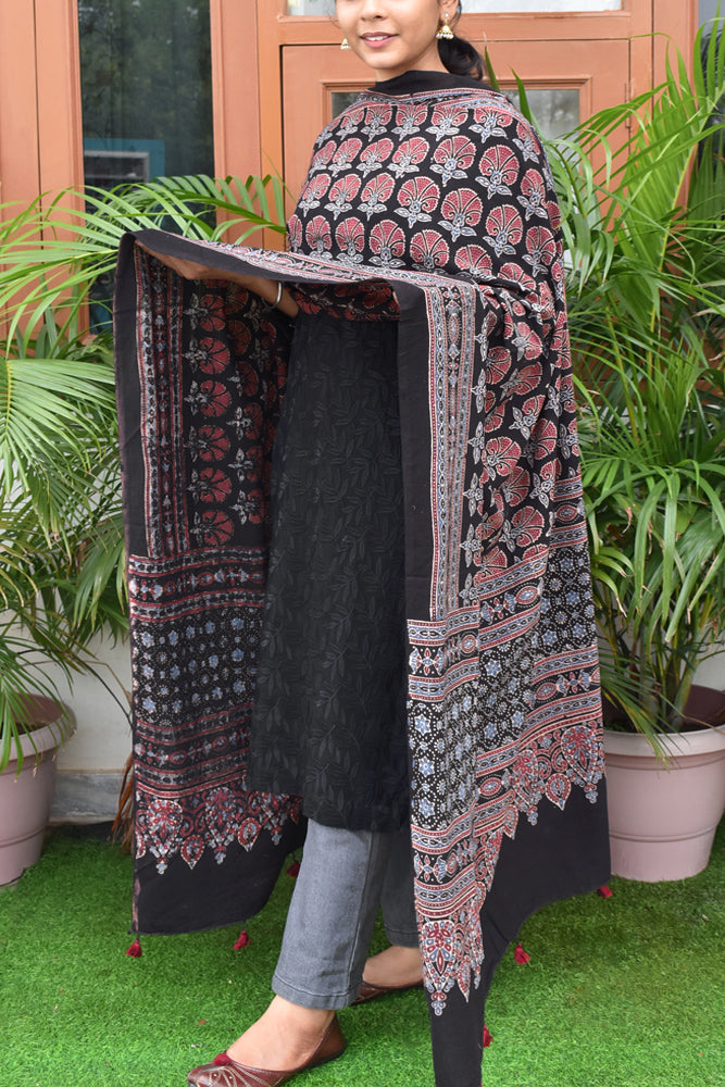 Ajrakh Hand Block Printed Cotton Dupatta with Tassels with natural dyes