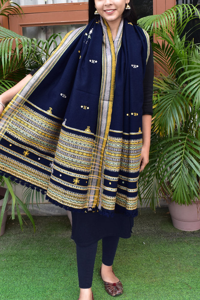 Handwoven Bhujodi Mirror Work Pure Wool Stole / Shawl