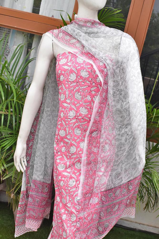 Hand Block Printed Cotton unstitched suit fabric with Chiffon dupatta