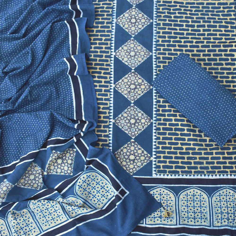 Hand Block Print Ajrakh Cotton Suit with designer Ajrakh neck yoke pattern