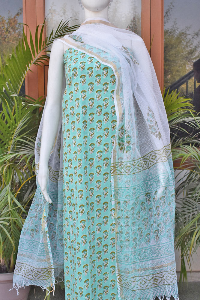 Beautiful Hand Block Printed Cotton unstitched suit fabric with Kota Doria Dupatta