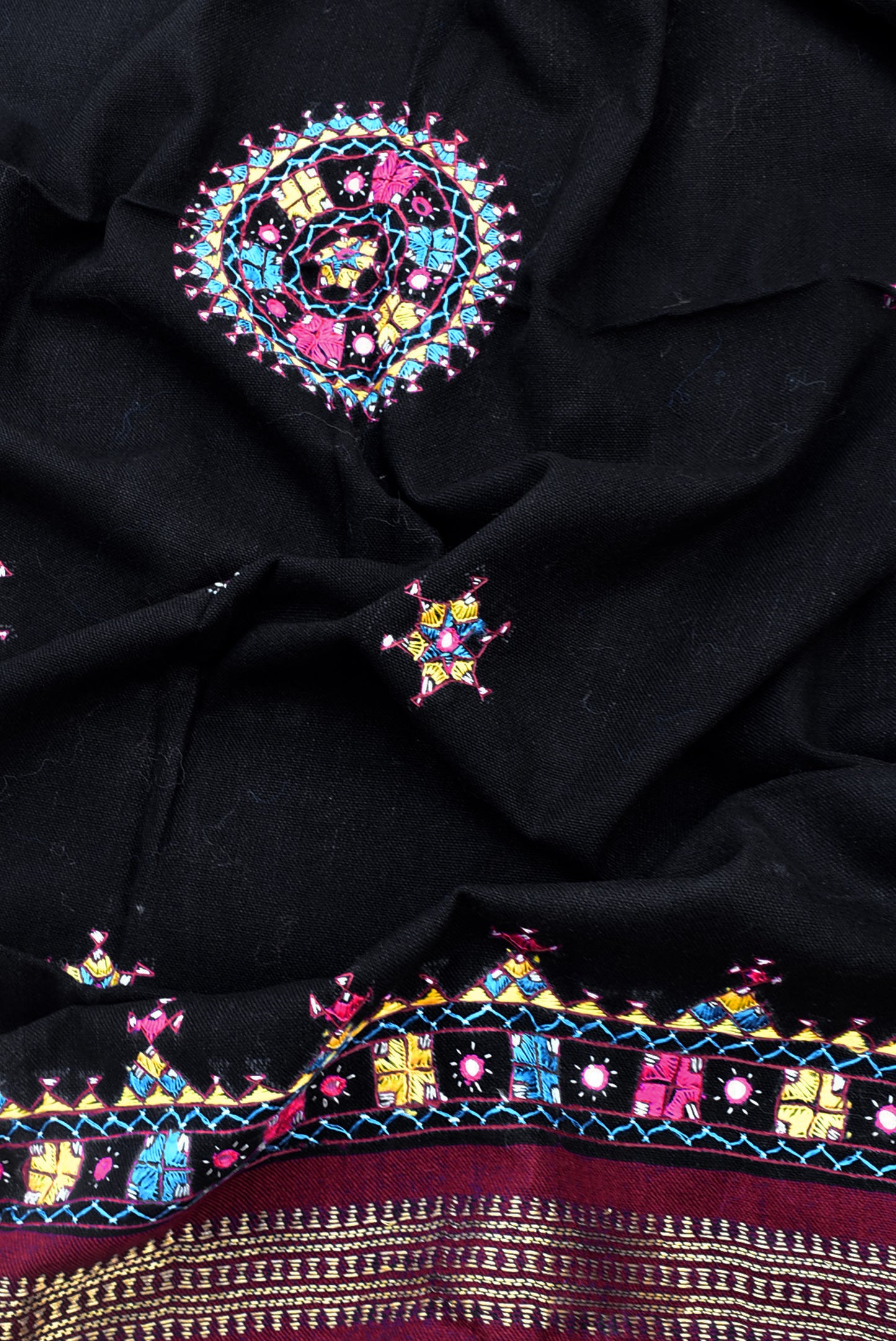 Handwoven Bhujodi Intricate Hand Embroidery &Hand Mirror Work Wool Stole / Shawl