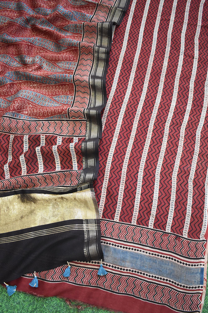 Beautiful Hand Block printed Kutch Ajrakh Chanderi Kurta and Lagdi patta dupatta set