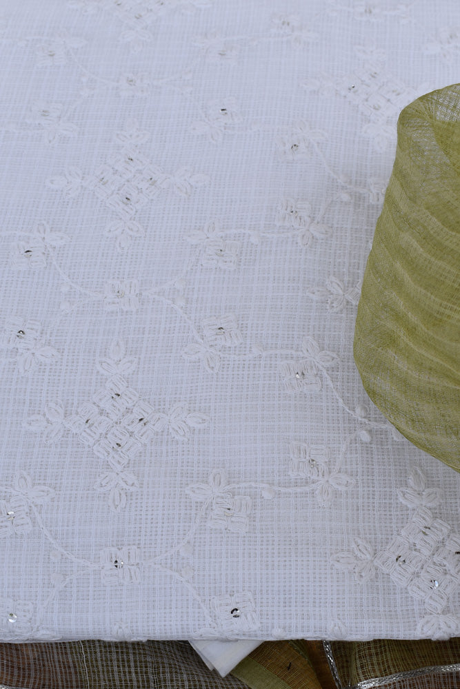 Premium Kota Unstitched suit with Schiffli & sequin work & Hand Block Print Dupatta